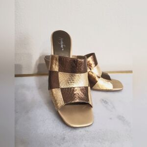 Vintage Jaqueline Ferrar Gold Leather Colorblock Embossed Snake Heels Size 8.5